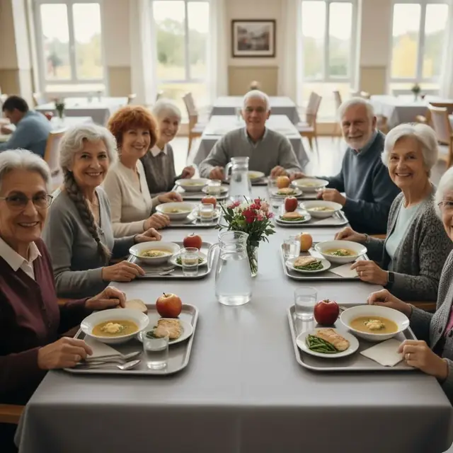 Comedor de residencia con personas mayores disfrutando del menú
