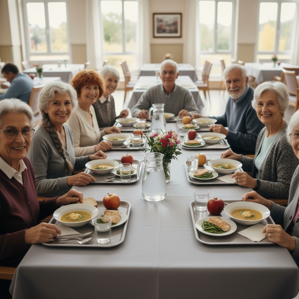 Comedor de residencia con personas mayores disfrutando del menú